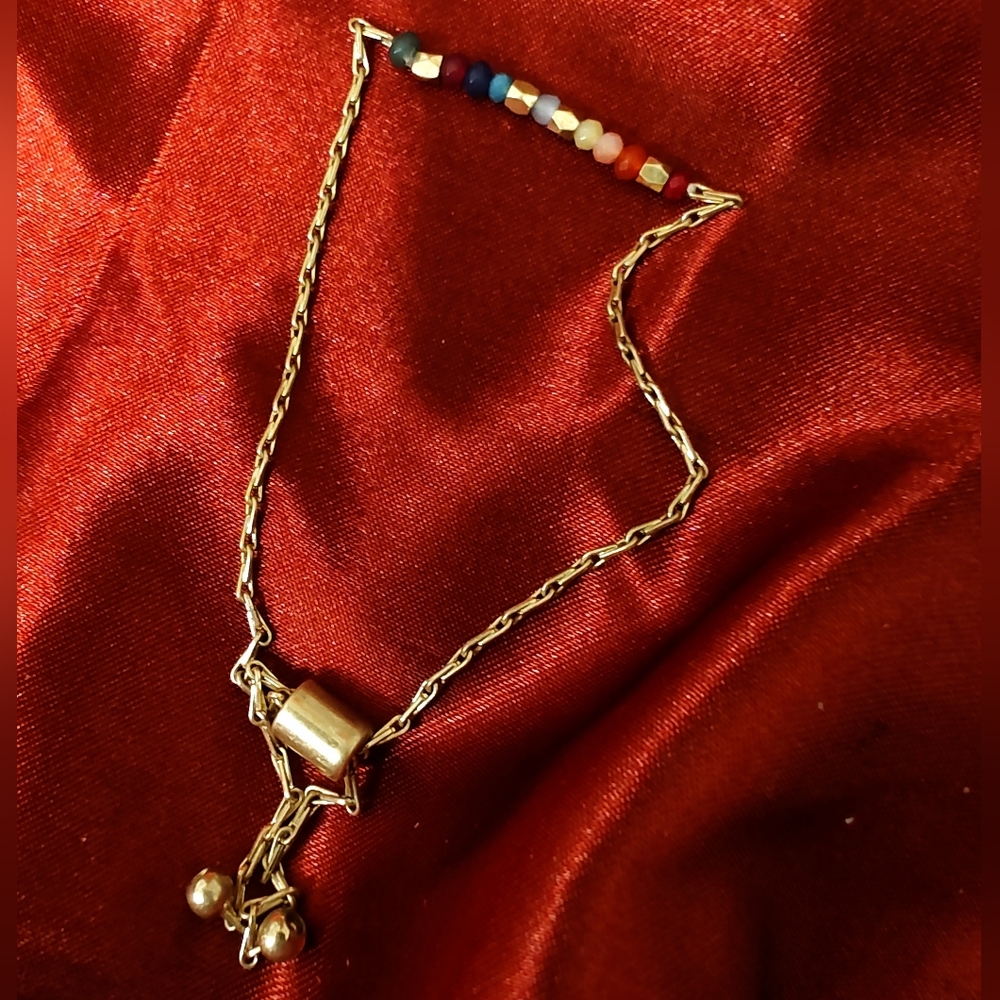 3 Gold Tone Multicolor Beaded Bracelets With Pull Lariat Design